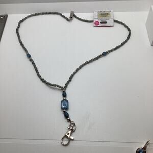 Womens Silver Blue Jewel Id Tag Holder Long 19” New
